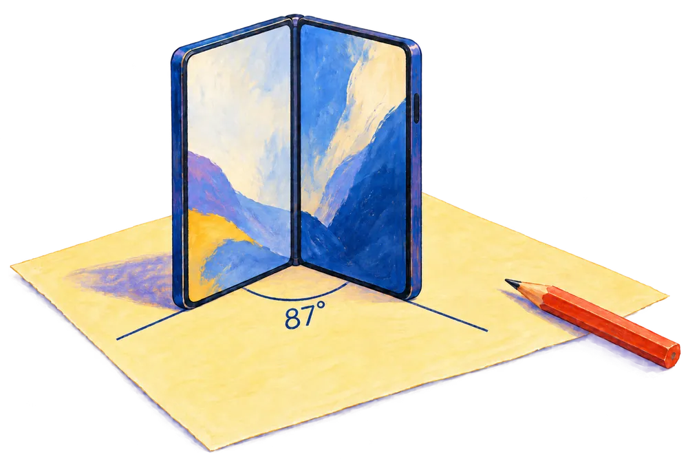 Painted illustration of a folding phone standing on paper, with its lower edges aligned to two lines and an example angle of 87 degrees.