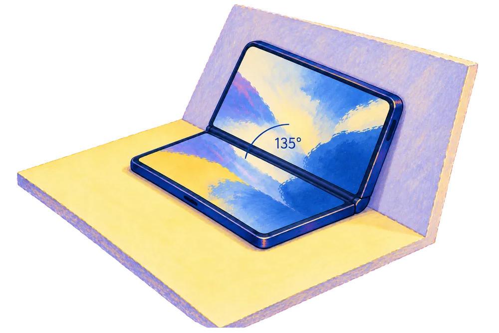 Painted illustration of a folding phone with each half resting against a different surface, showing an example opening of 135 degrees.